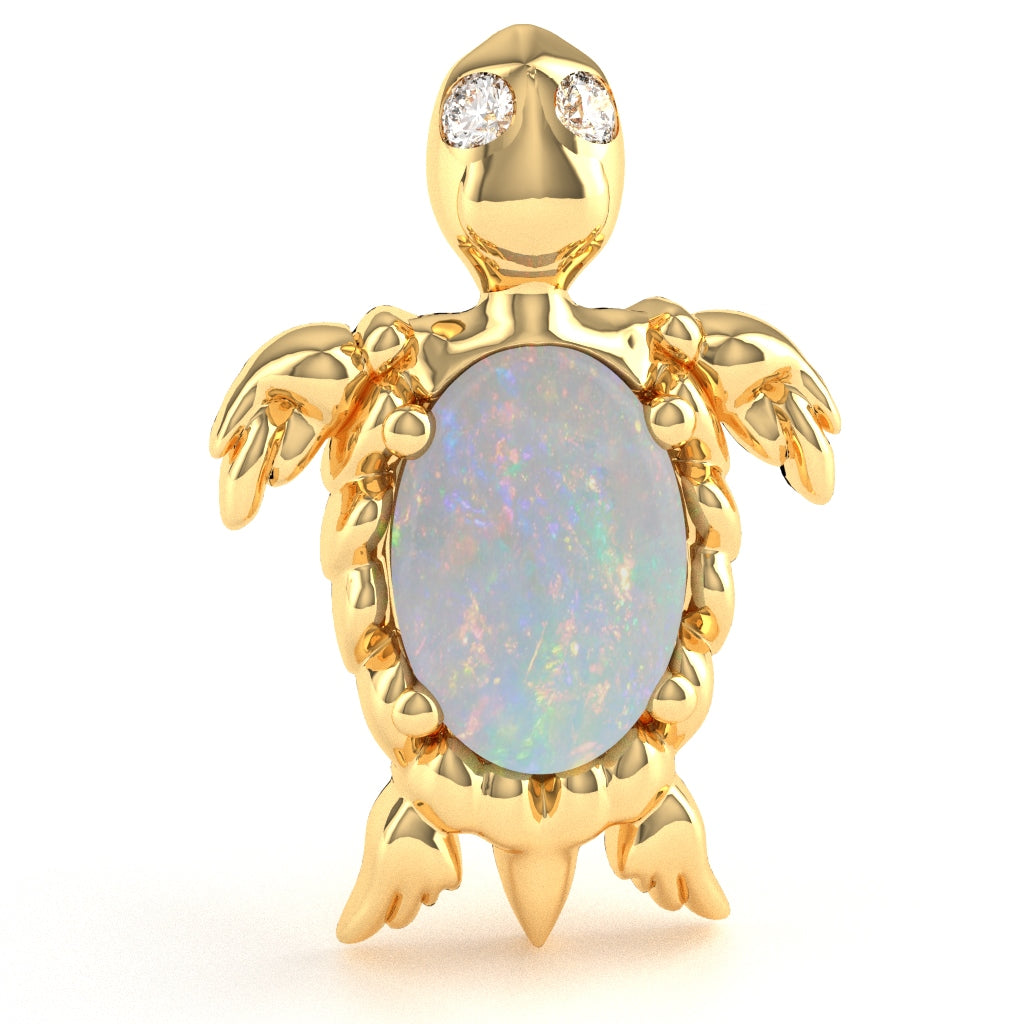 Opal Diamond Sea Turtle Pendant In 14k Yellow Gold
