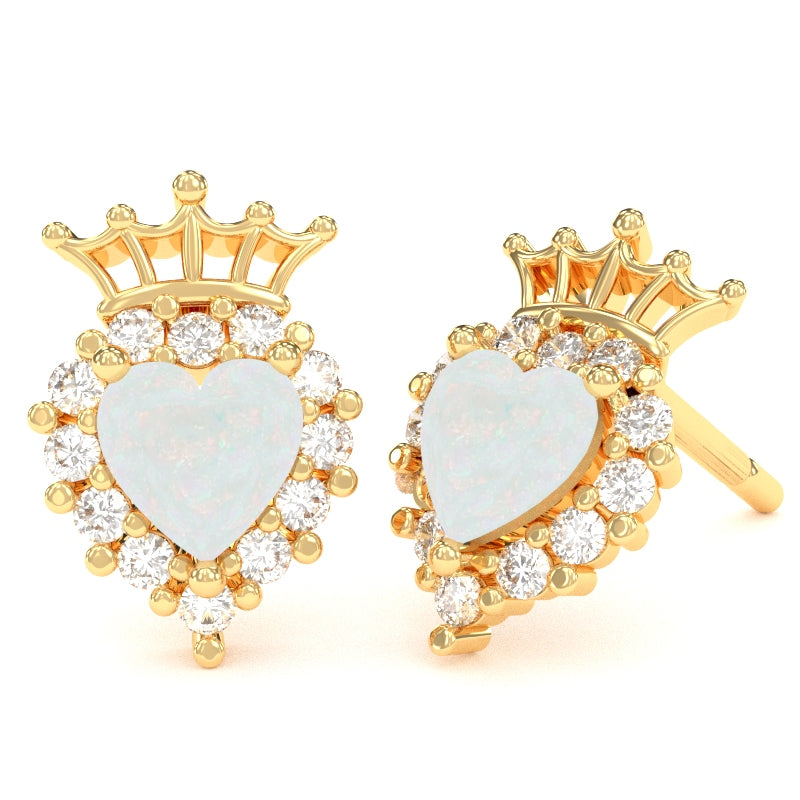 Opal Diamond Claddagh Motive Stud Earrings in 14k Yellow Gold