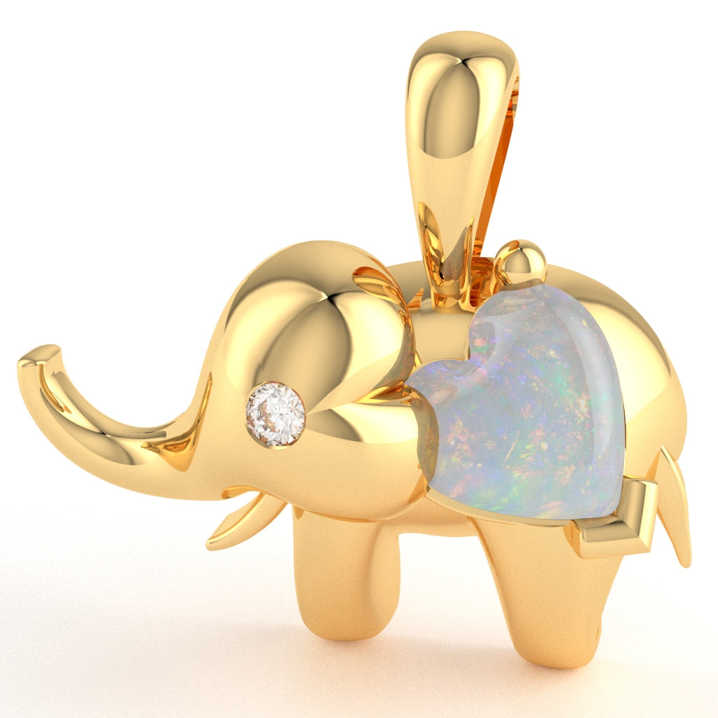 Opal Diamond Elephant Heart Birthstone Pendant In 14k Yellow Gold