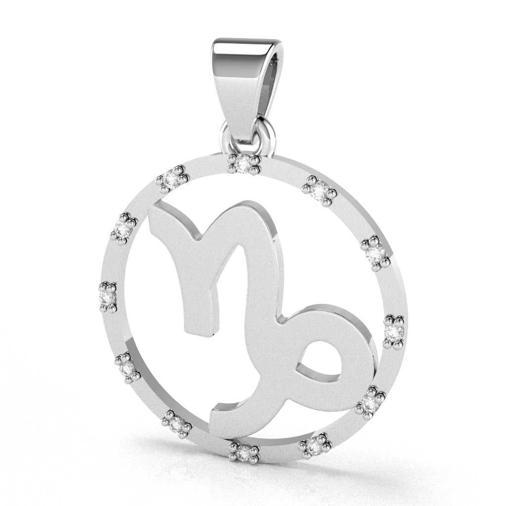 Capricorn Zodiac Sign Diamond Bezel Pendant In Solid 14K White Gold