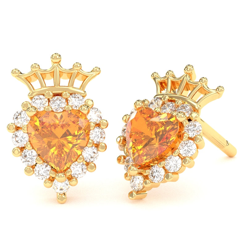 Citrine Diamond Claddagh Motive Stud Earrings in 14k Yellow Gold