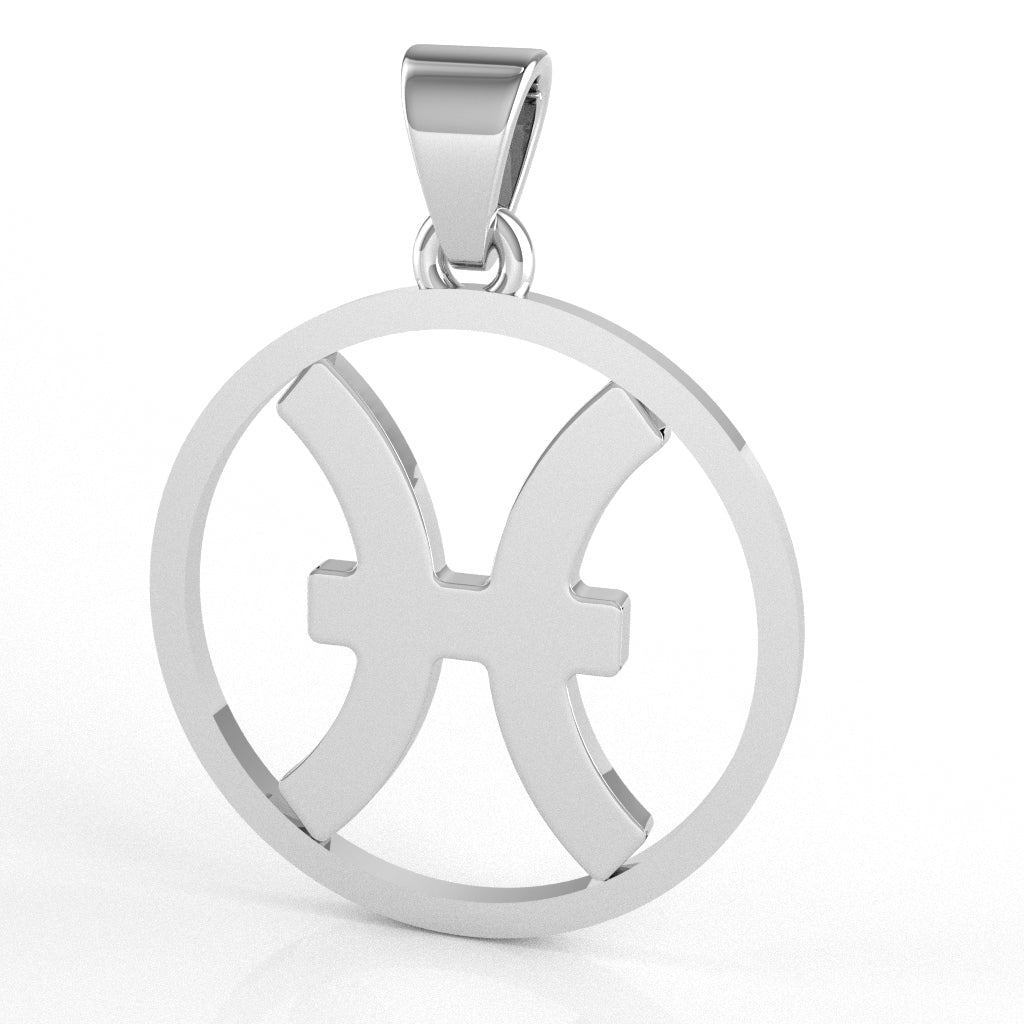 Pisces Zodiac Sign Round Bezel Pendant In Solid 10K White Gold