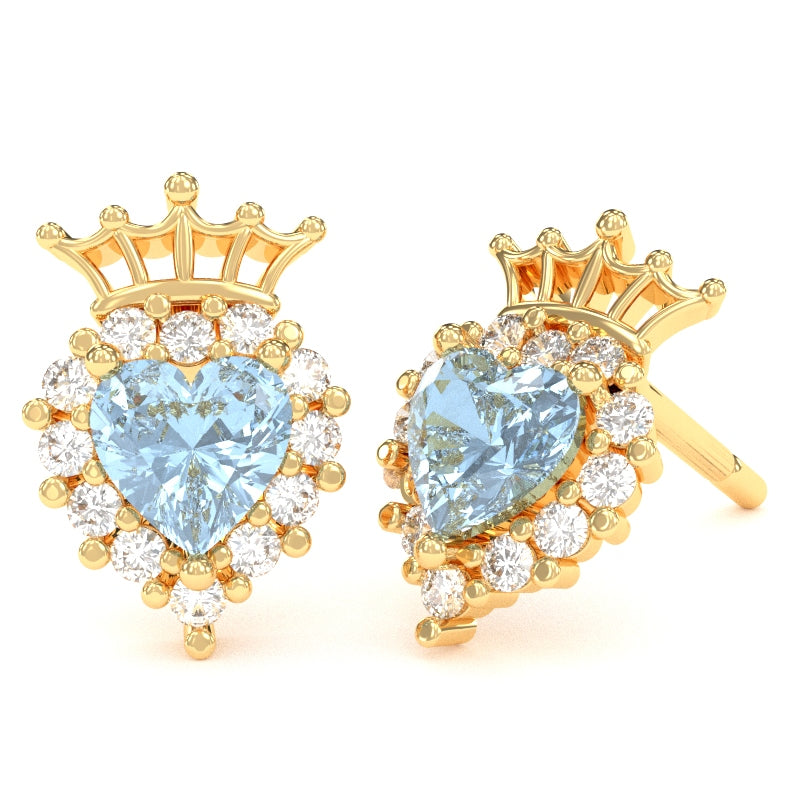 Aquamarine Diamond Claddagh Motive Stud Earrings in 14k Yellow Gold