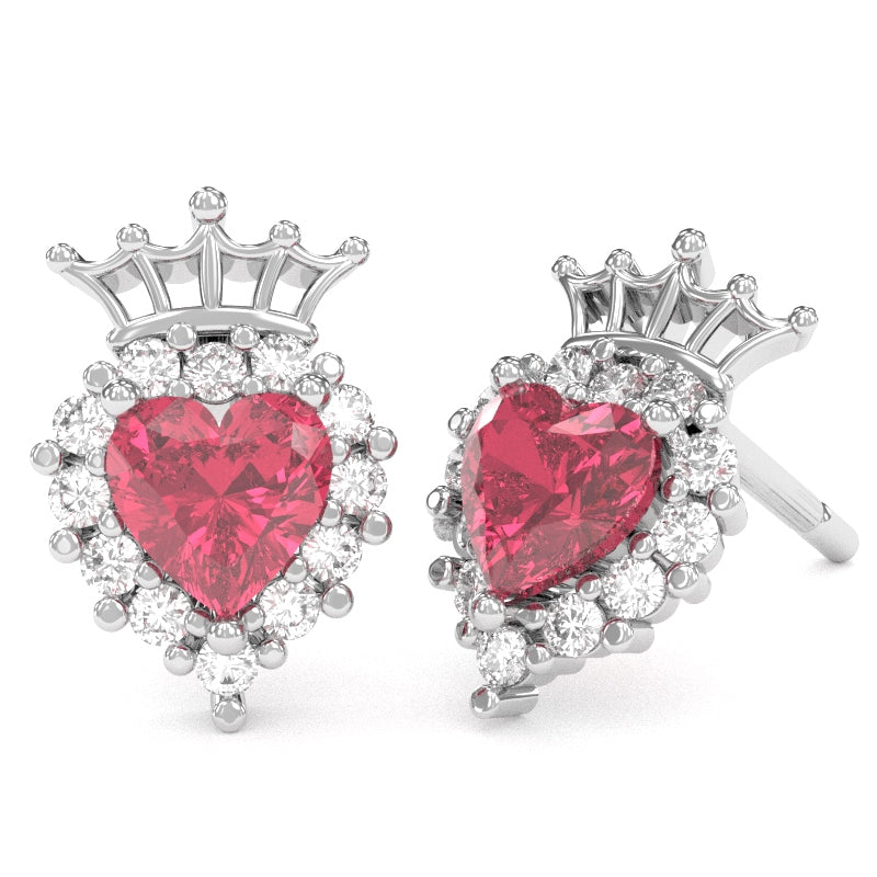 Pink Tourmaline Diamond Claddagh Motive Stud Earrings in 14k White Gold