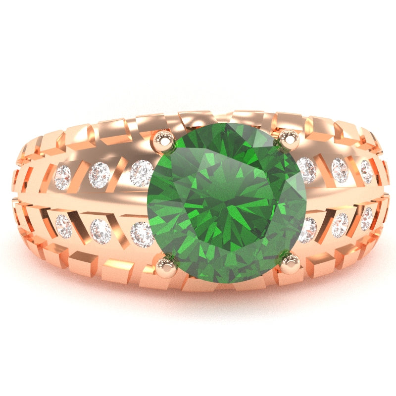 Men's Tire Tread Lab-Created Emerald Diamond Ring In Solid 14k Rose Gold