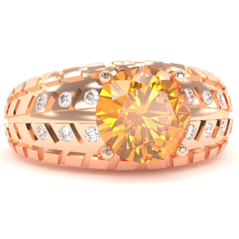Men's Tire Tread Citrine Diamond Ring In Solid 14k Rose Gold