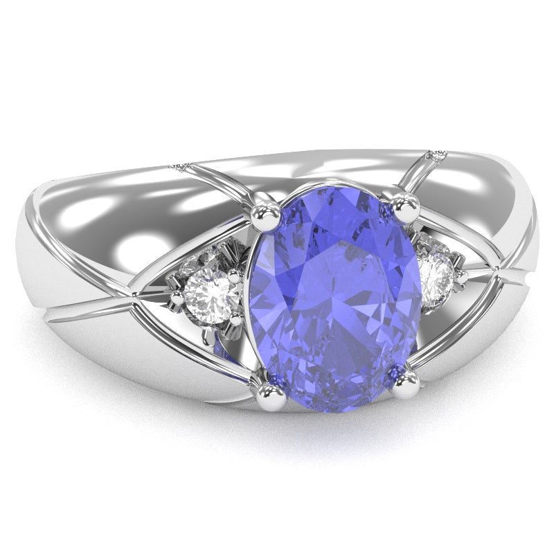 Men's Designer Tanzanite Diamond Ring In Solid 14k White Gold