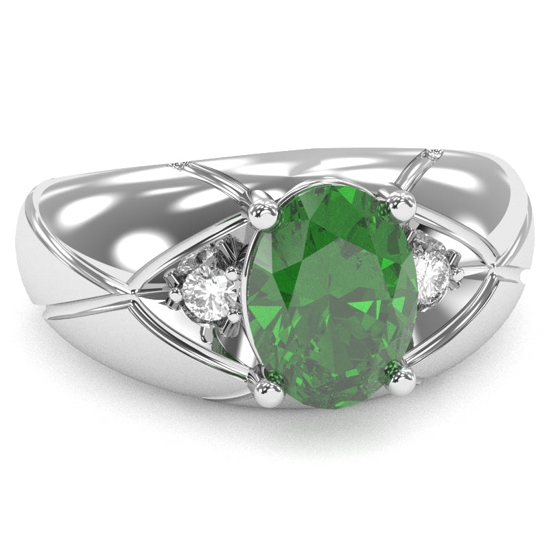 Men's Designer Lab-Created Emerald Diamond Ring In Solid 14k White Gold
