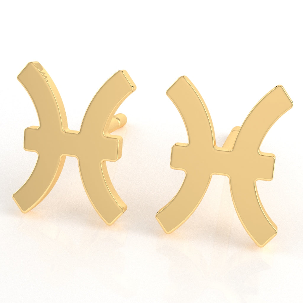 Pisces Zodiac Sign Stud Earrings In Solid 14K Yellow Gold