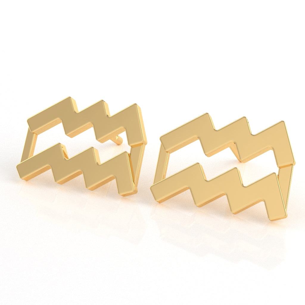 Aquarius Zodiac Sign Stud Earrings In Solid 10K Yellow Gold