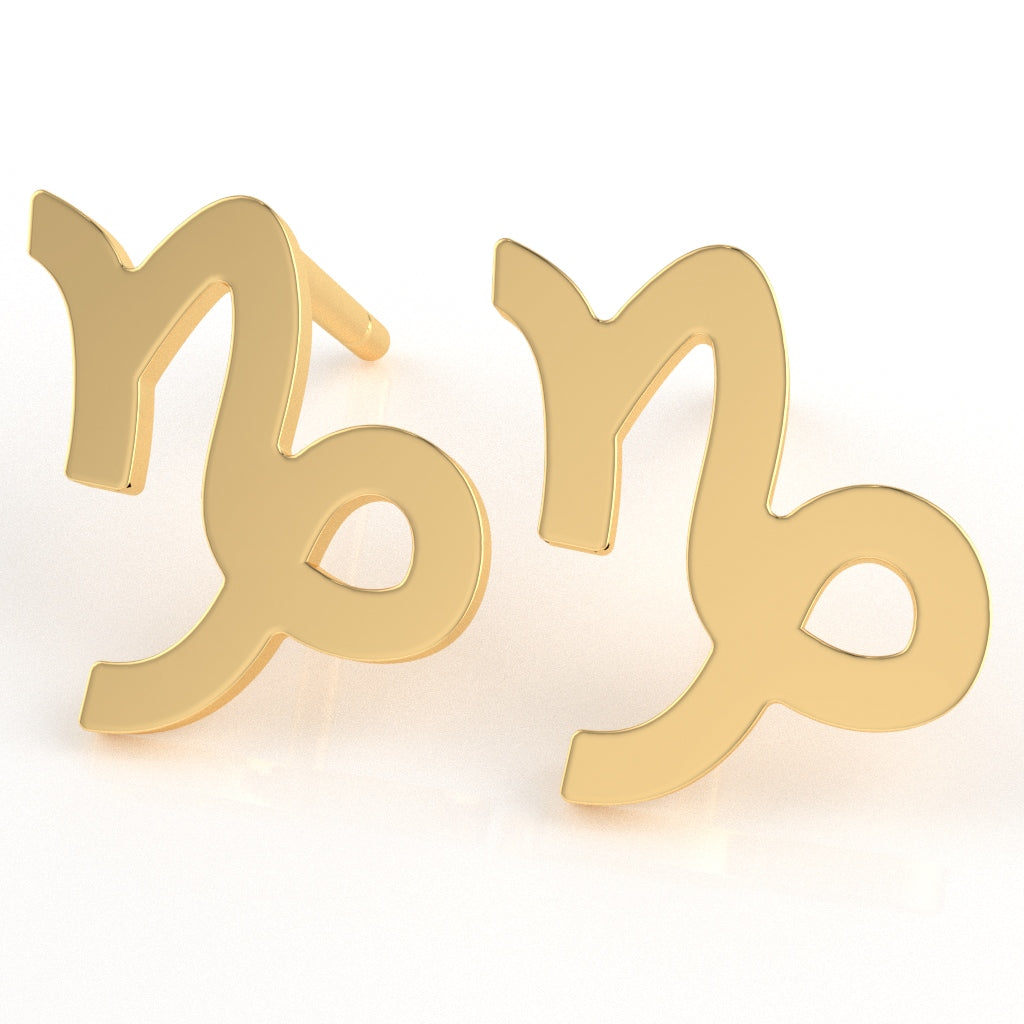 Capricorn Zodiac Sign Stud Earrings In Solid 14K Yellow Gold