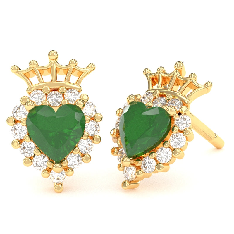Emerald Diamond Claddagh Motive Stud Earrings in 14k Yellow Gold