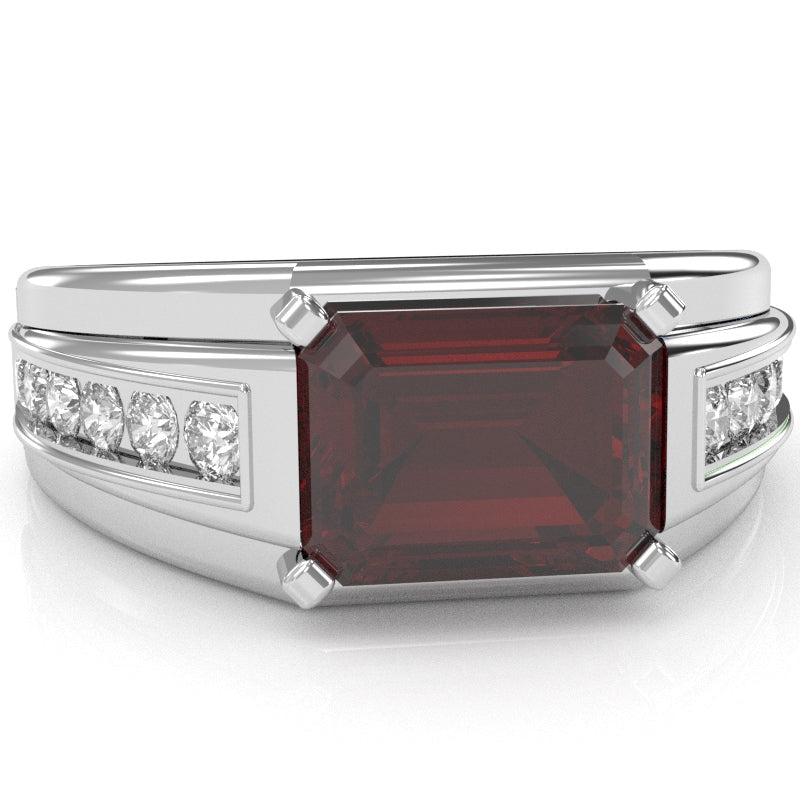 Men's Garnet Diamond Channel Ring In Solid 10k White Gold