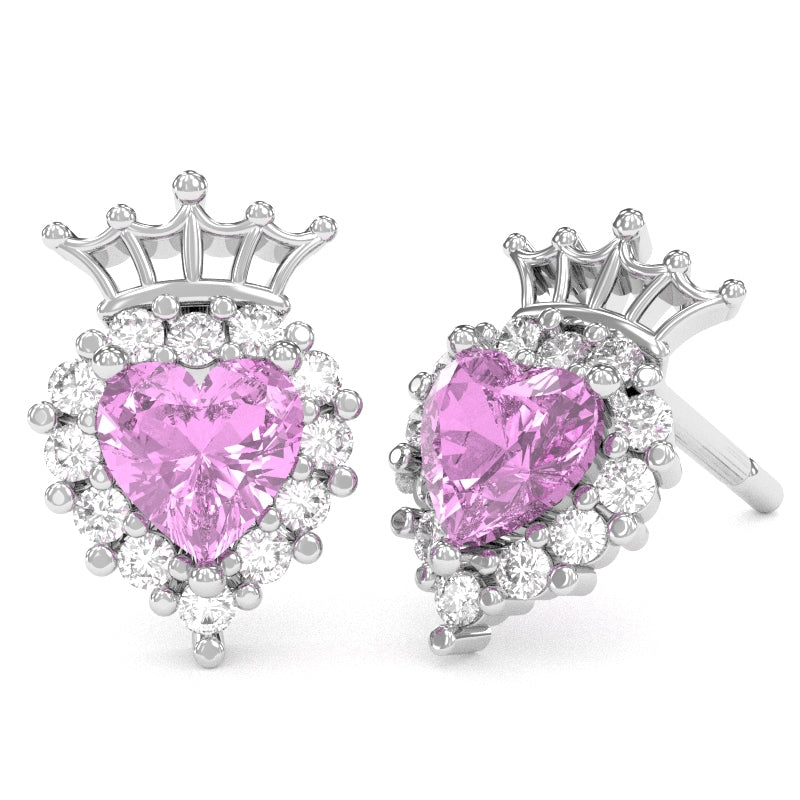 Lab-Created Pink Sapphire Diamond Claddagh Motive Stud Earrings in 14k White Gold
