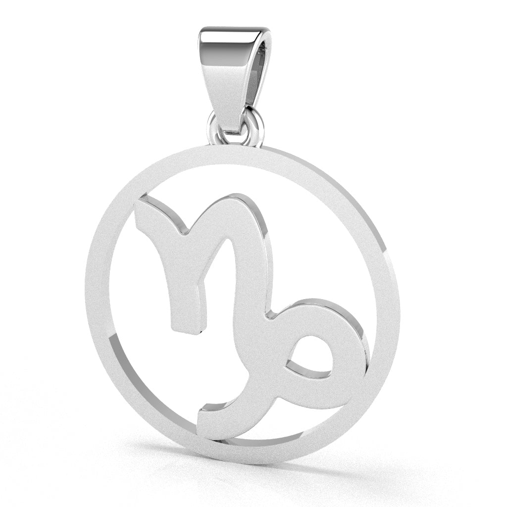 Capricorn Zodiac Sign Round Bezel Pendant In Solid 14K White Gold