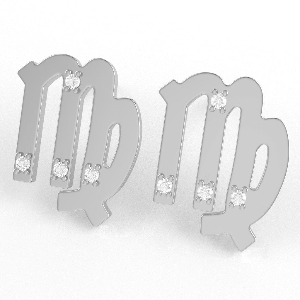 Virgo Zodiac Sign Diamond Stud Earrings In Solid 14k White Gold