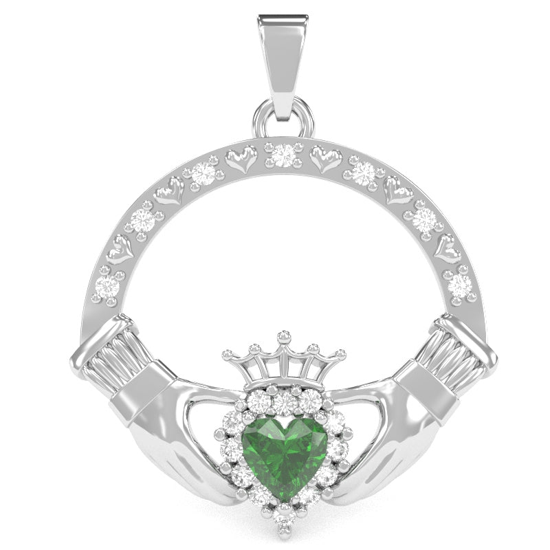 Lab-Created Emerald Diamond Claddagh Pendant in 14k White Gold