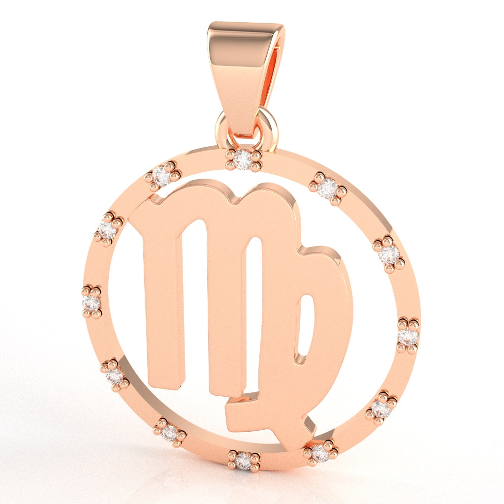 Virgo Zodiac Sign Diamond Bezel Pendant In Solid 14K Rose Gold