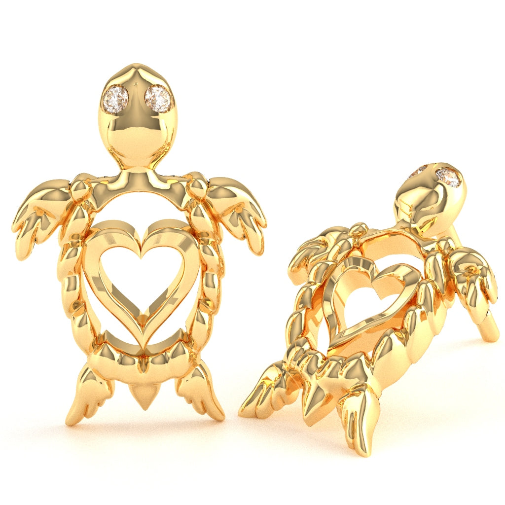 Diamond Baby Sea Turtle Stud Earrings in 10k Yellow Gold