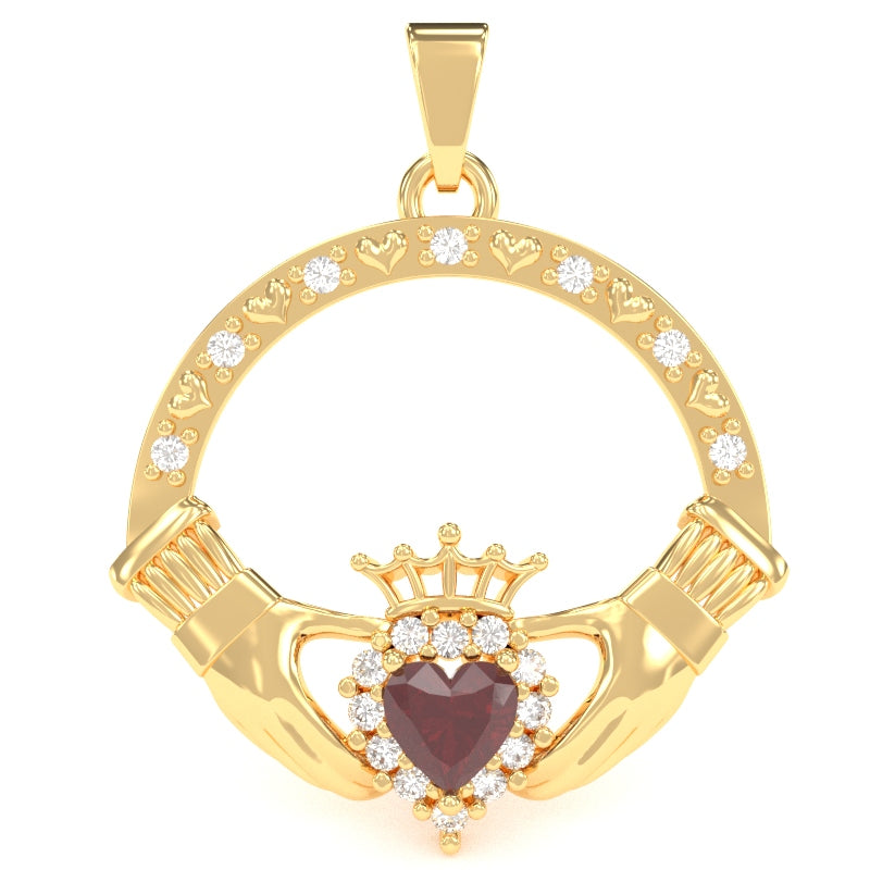 Ruby Diamond Claddagh Pendant in 14k Yellow Gold