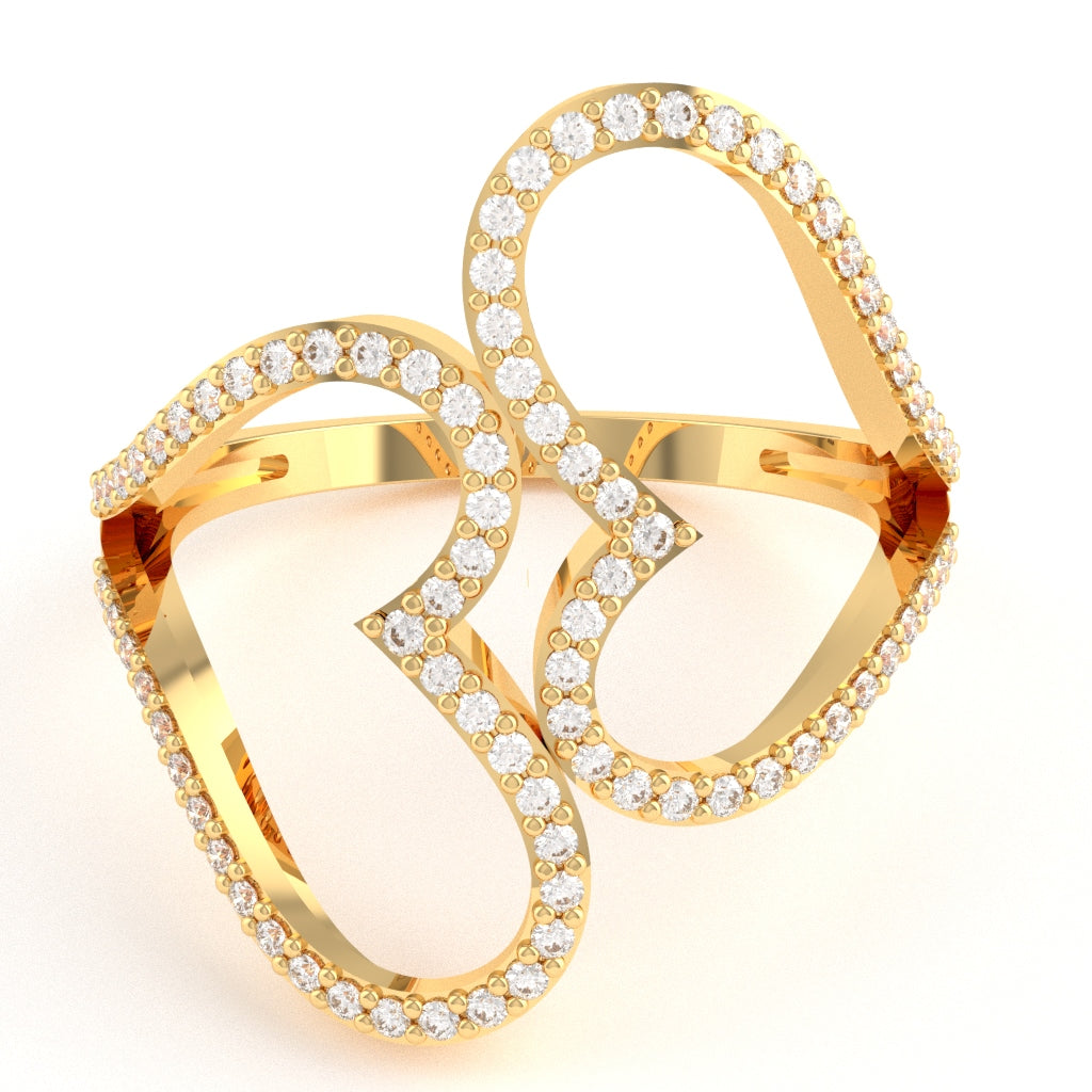 2 Hearts Designer Diamond Cocktail Ring In 14k Yellow Gold