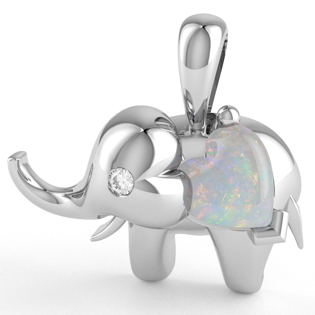 Opal Diamond Elephant Heart Birthstone Pendant In 14k White Gold