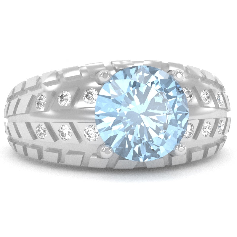 Men's Tire Tread Aquamarine Diamond Ring In Solid 14k White Gold