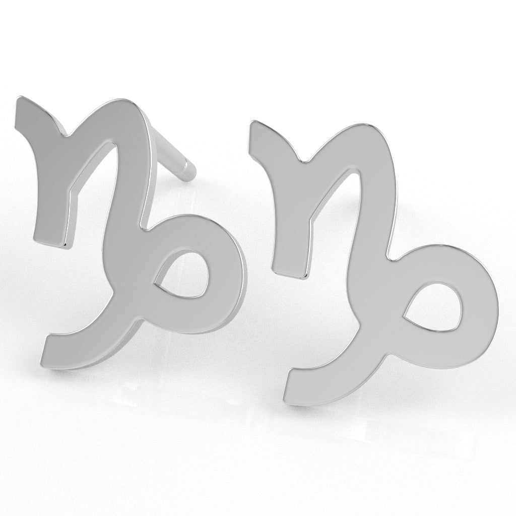Capricorn Zodiac Sign Stud Earrings In Solid 10K White Gold