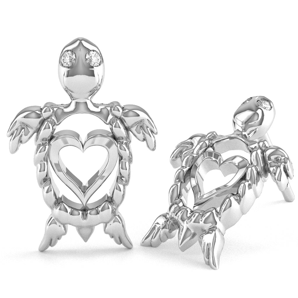 Diamond Baby Sea Turtle Stud Earrings in 14k White Gold