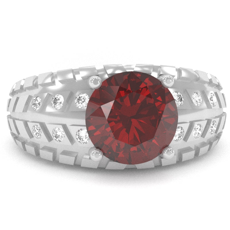 Men's Tire Tread Lab-Created Ruby Diamond Ring In Solid 14k White Gold
