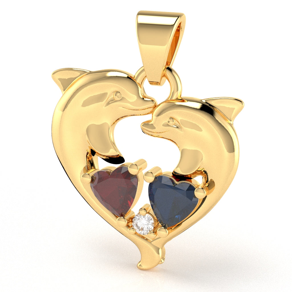 Customizable Gemstone Diamond Dolphin 2 Heart Birthstone Pendant in 14k Yellow Gold