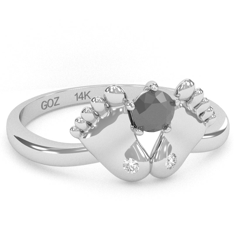 Baby Feet Black Onyx Diamond Ring In 14k White Gold