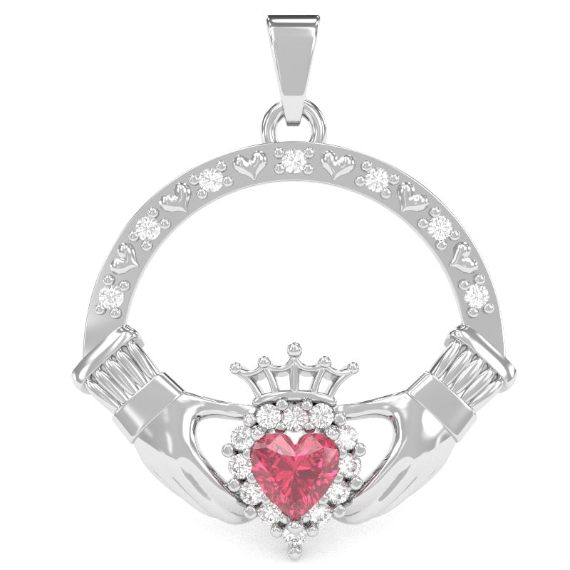 Pink Tourmaline Diamond Claddagh Pendant in 14k White Gold