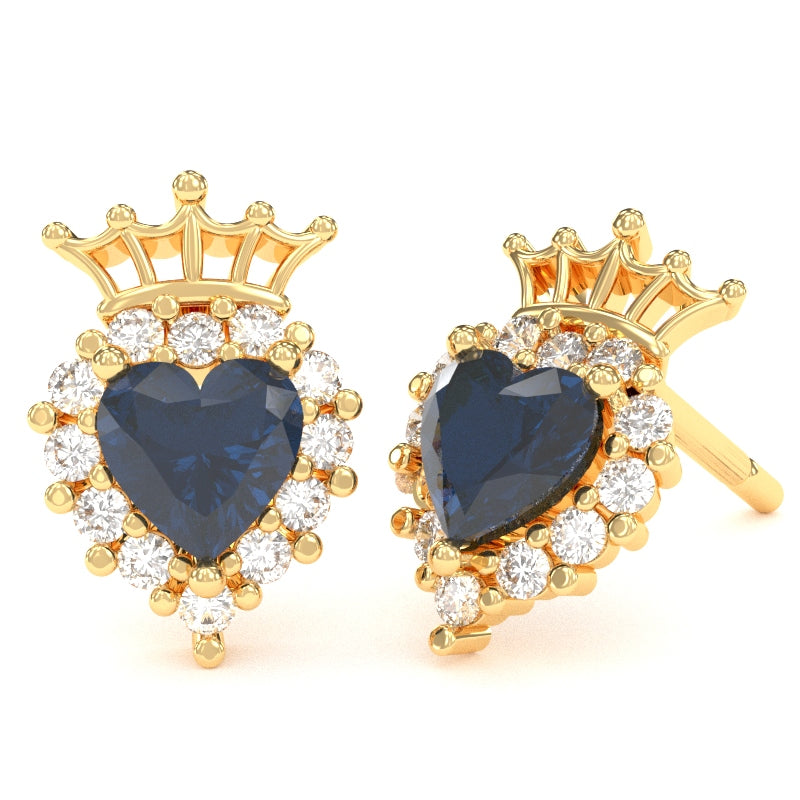 Lab-Created Sapphire Diamond Claddagh Motive Stud Earrings in 14k Yellow Gold