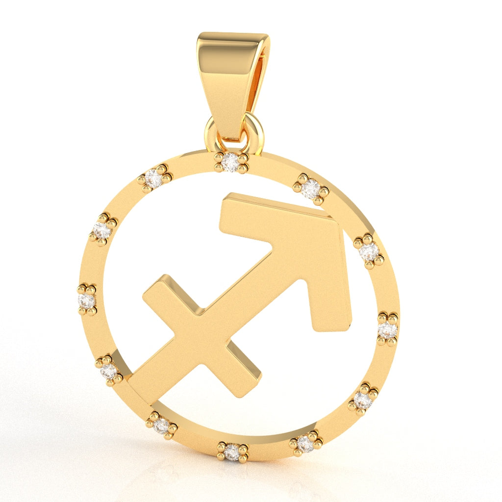 Sagittarius Zodiac Sign Diamond Bezel Pendant In Solid 14K Yellow Gold