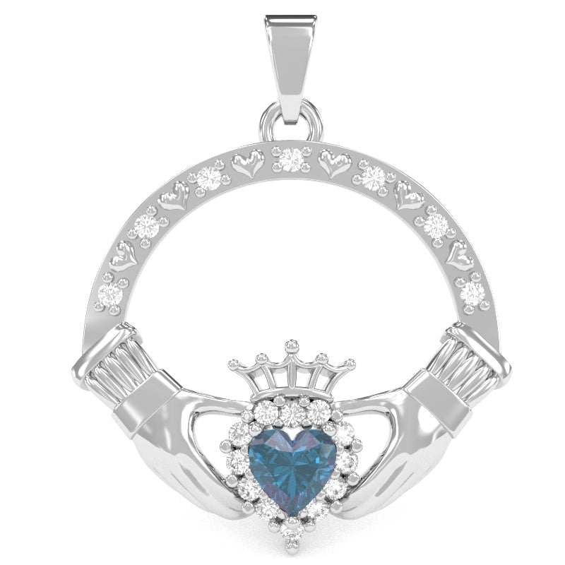 Lab-Created Alexandrite Diamond Claddagh Pendant in 14k White Gold