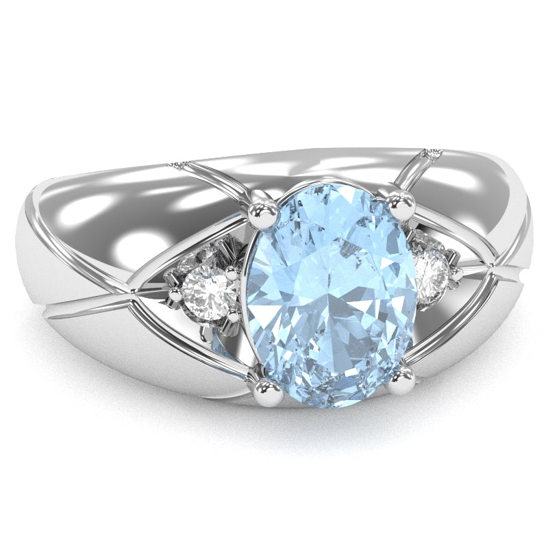 Men's Designer Aquamarine Diamond Ring In Solid 14k White Gold