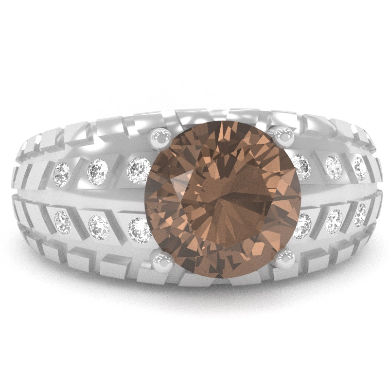 Men's Tire Tread Smoky Quartz Diamond Ring In Solid 14k White Gold