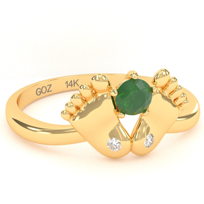 Baby Feet Emerald Diamond Ring In 14k Yellow Gold