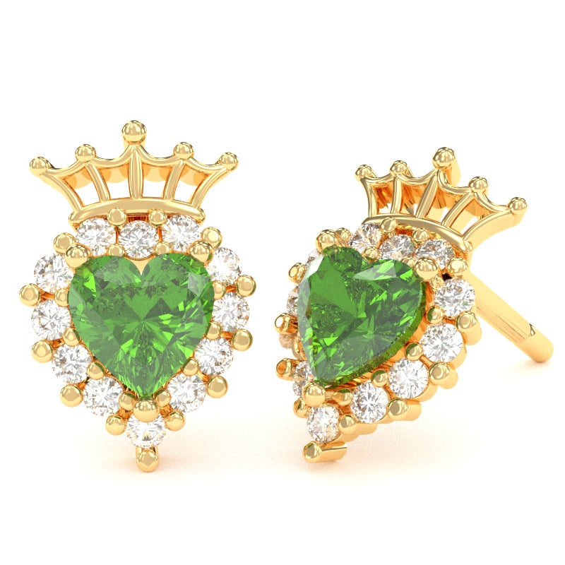 Peridot Diamond Claddagh Motive Stud Earrings in 14k Yellow Gold
