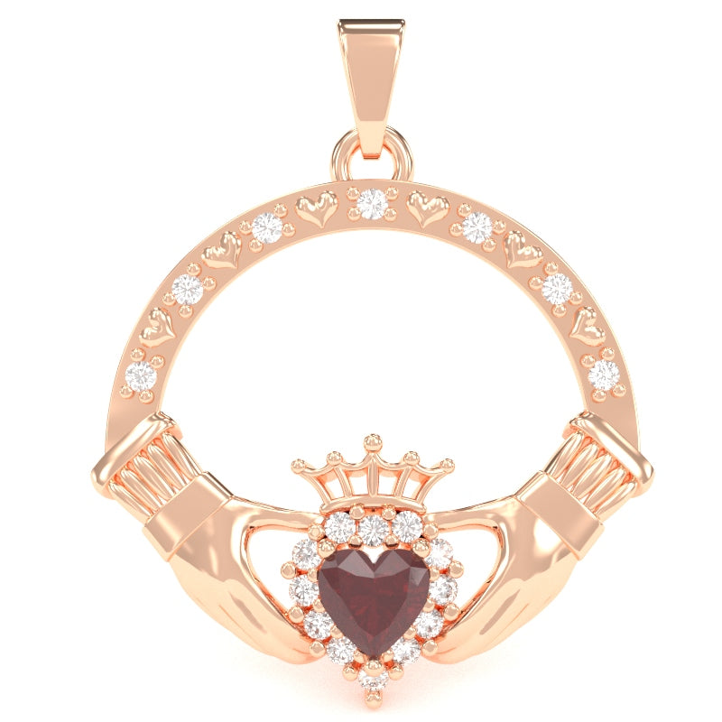 Ruby Diamond Claddagh Pendant in 14k Rose Gold