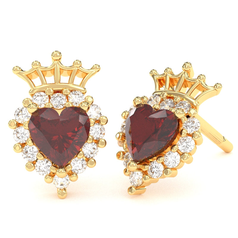 Lab-Created Ruby Diamond Claddagh Motive Stud Earrings in 14k Yellow Gold