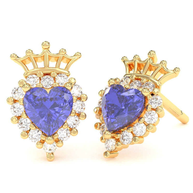 Tanzanite Diamond Claddagh Motive Stud Earrings in 14k Yellow Gold
