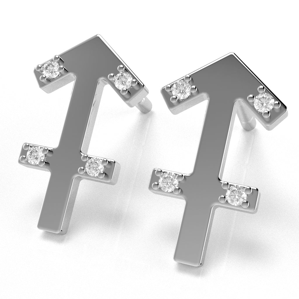 Sagittarius Zodiac Sign Diamond Stud Earrings In Solid 14k White Gold
