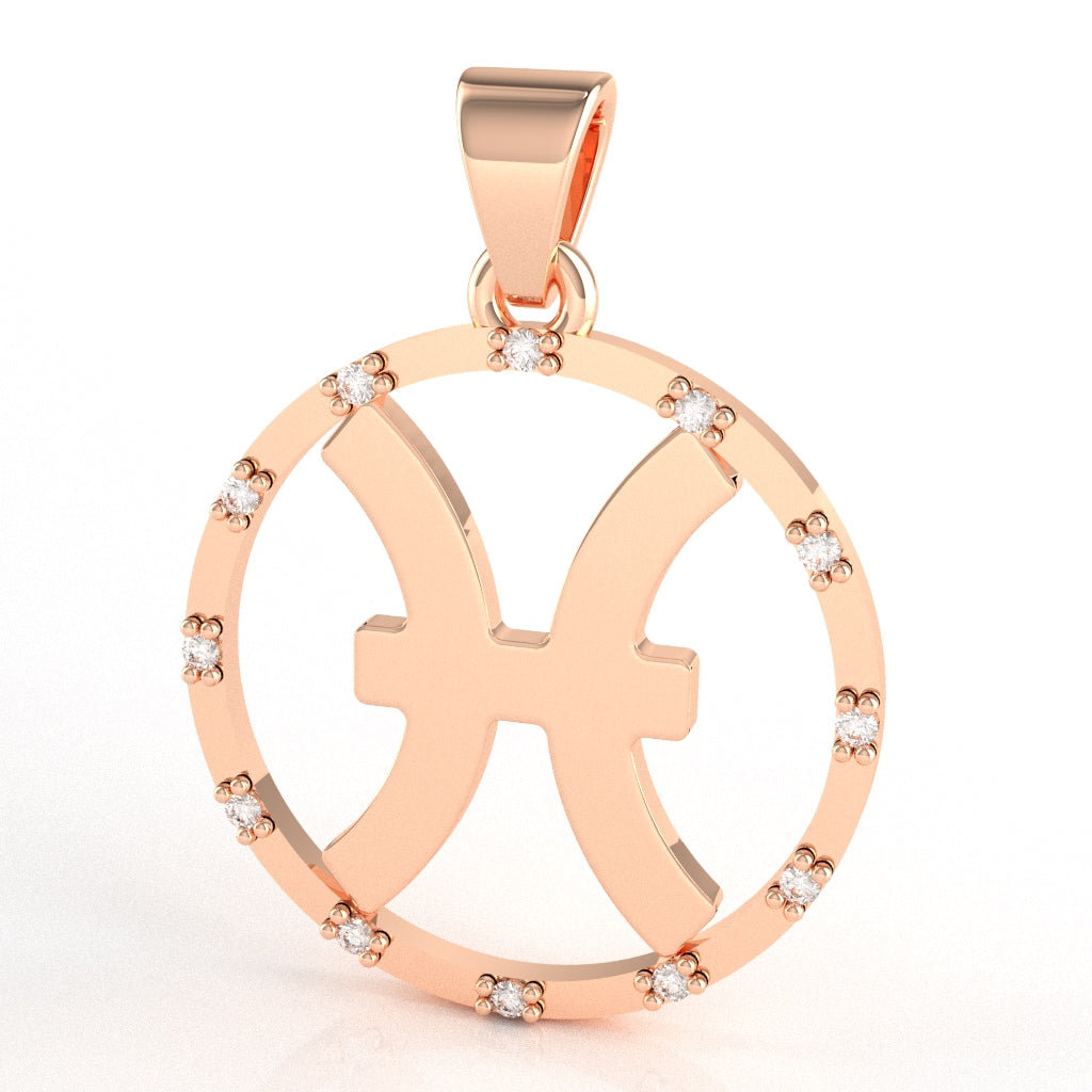 Pisces Zodiac Sign Diamond Bezel Pendant In Solid 14K Rose Gold