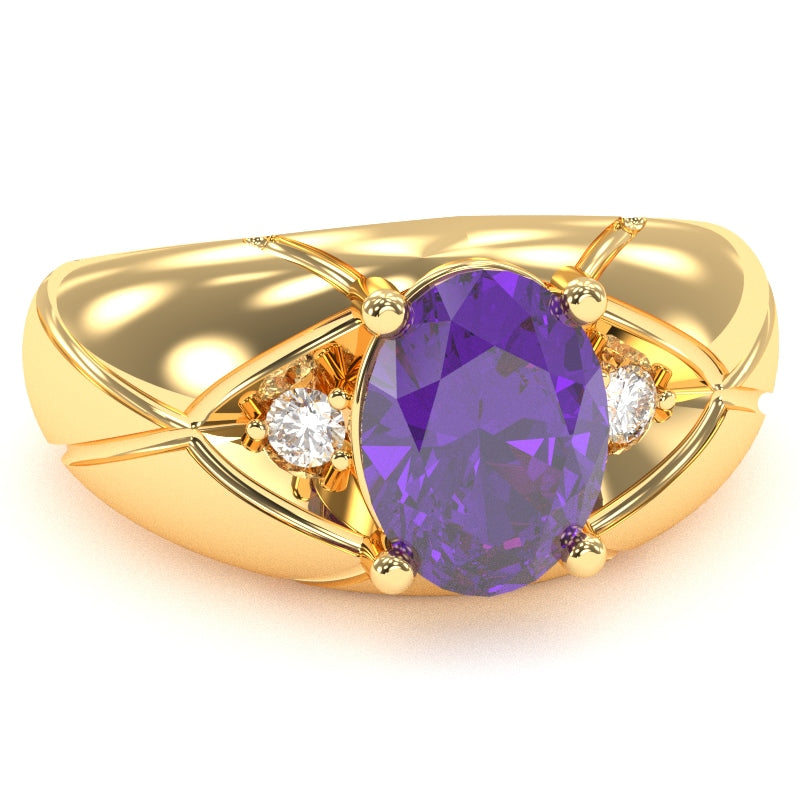 Men's Designer Amethyst Diamond Ring In Solid 14k Yellow Gold