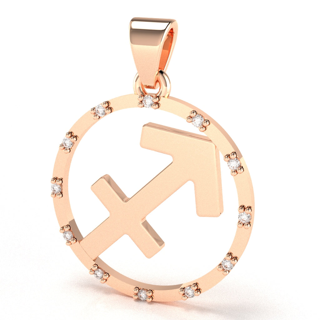 Sagittarius Zodiac Sign Diamond Bezel Pendant In Solid 14K Rose Gold
