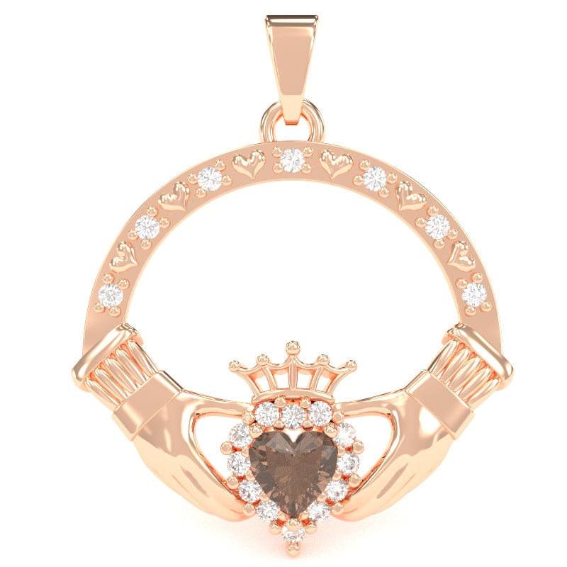 Smoky Quartz Diamond Claddagh Pendant in 14k Rose Gold