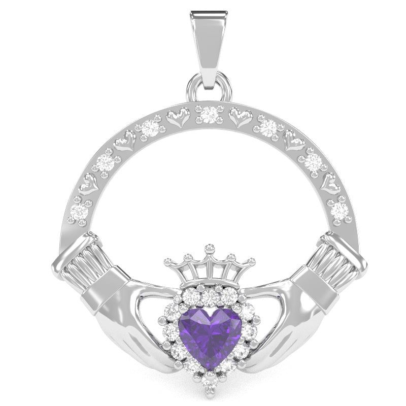 Amethyst Diamond Claddagh Pendant in 14k White Gold