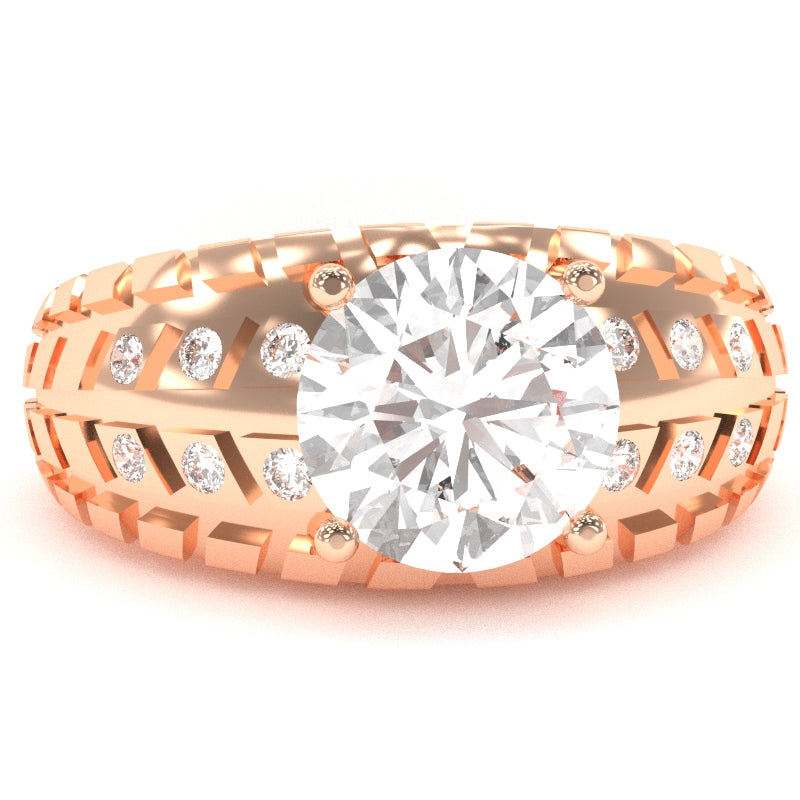 Men's Tire Tread White Topaz Diamond Ring In Solid 14k Rose Gold